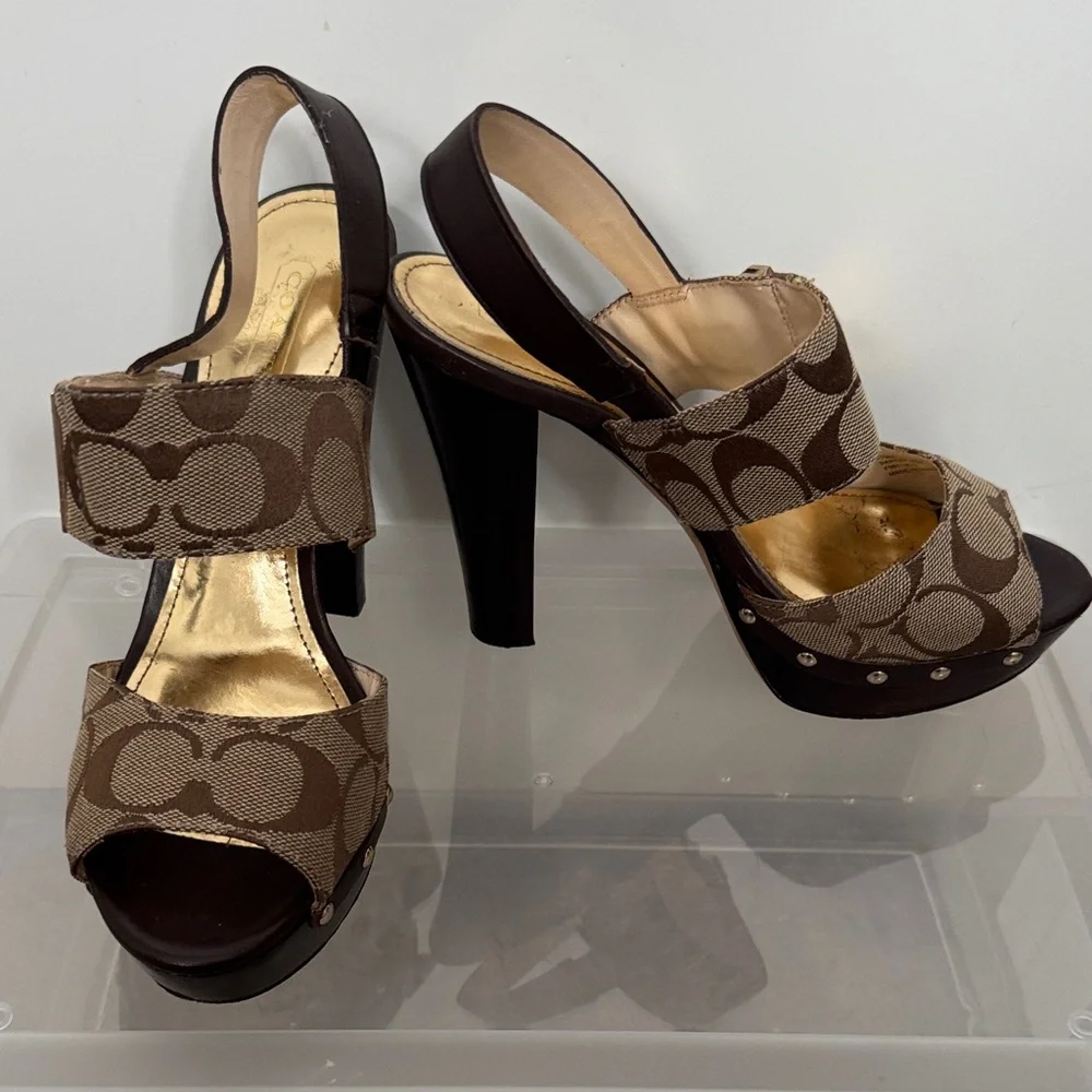 Coach Brown Platform Sandals with Gold Accents - Picture 3 of 11